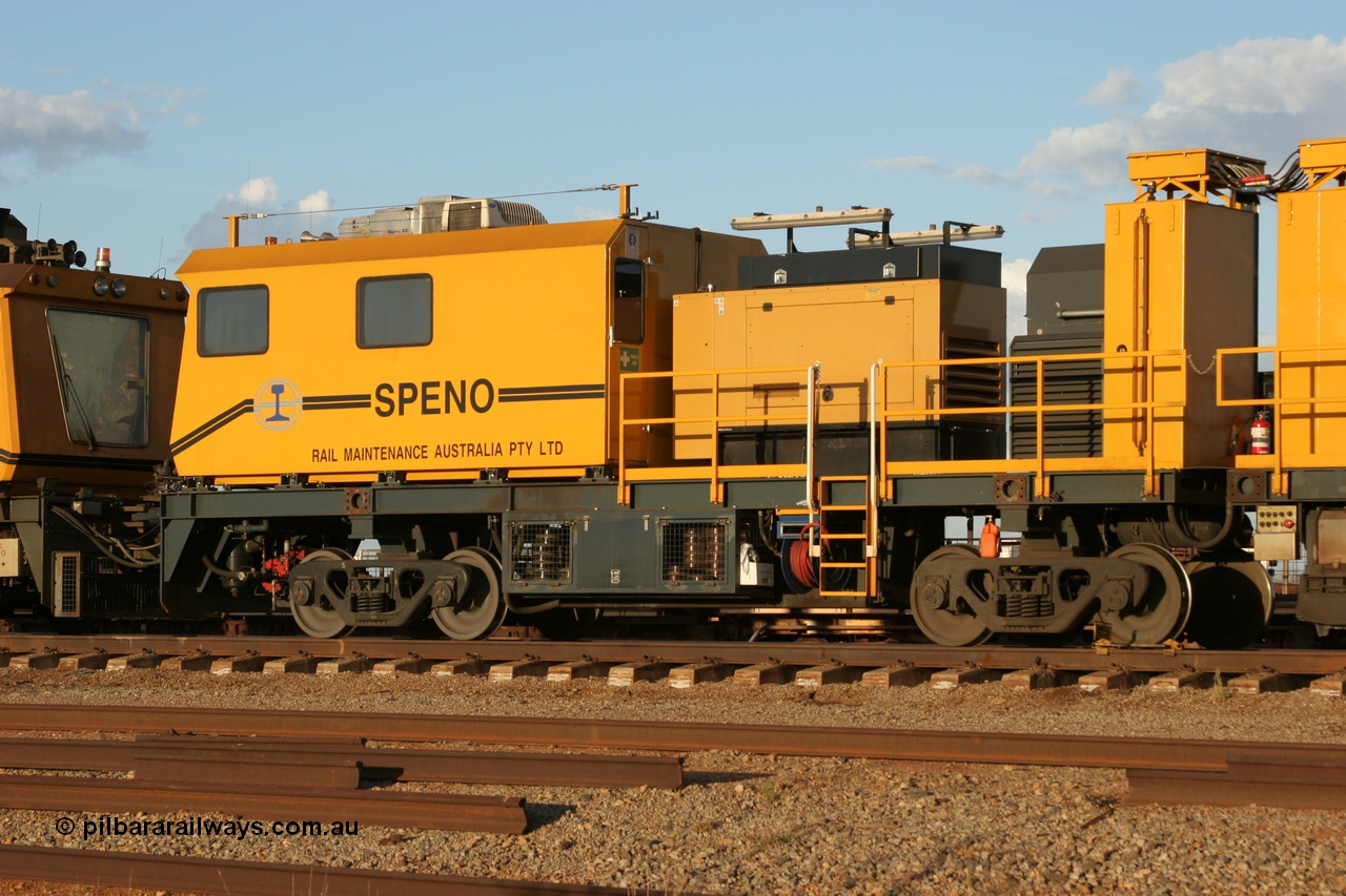 050414 0949
Flash Butt yard, Speno Australia's RR24 model 24 stone rail grinder serial M20 before it had id stickers fitted, this unit was later stickered as RG 1, rear view of the air compressor and driving module. 14th April 2005.
Keywords: Speno;RR24;M20;track-machine;