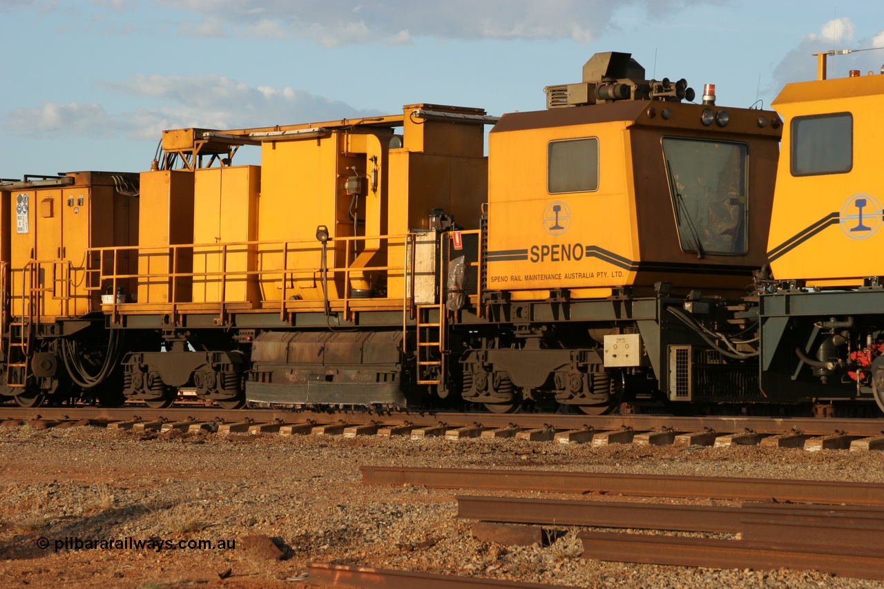 050414 0950
Flash Butt yard, Speno Australia's 24 stone rail grinder before they had id stickers fitted, this front unit was later stickered as RG 2, view of the driving cab on the third grinding module. 14th April 2005.
Keywords: Speno;RR24;track-machine;