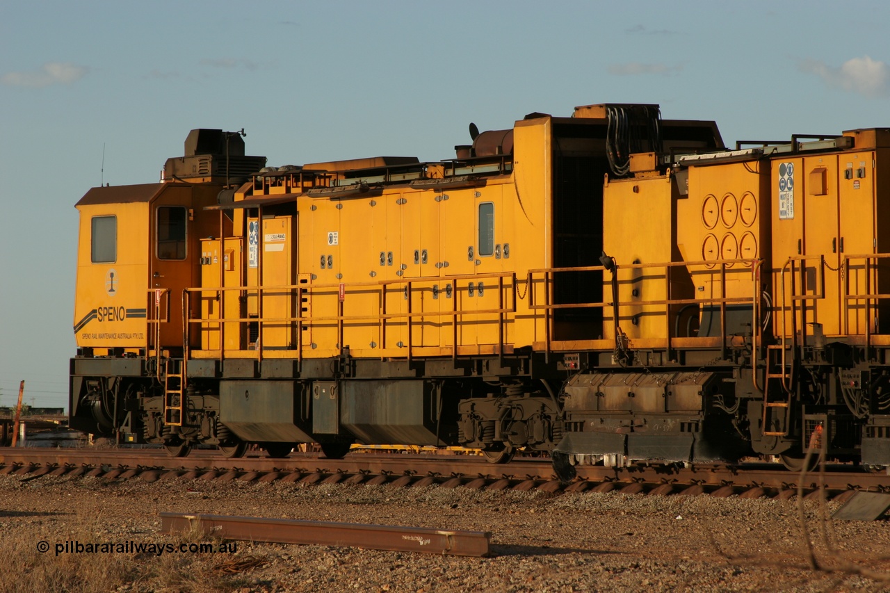 050414 0951
Flash Butt yard, Speno Australia's 24 stone rail grinder before they had id stickers fitted, this front unit was later stickered as RG 2, rear view of the driving cab and generator module with the first grinding module. 14th April 2005.
Keywords: Speno;RR24;track-machine;