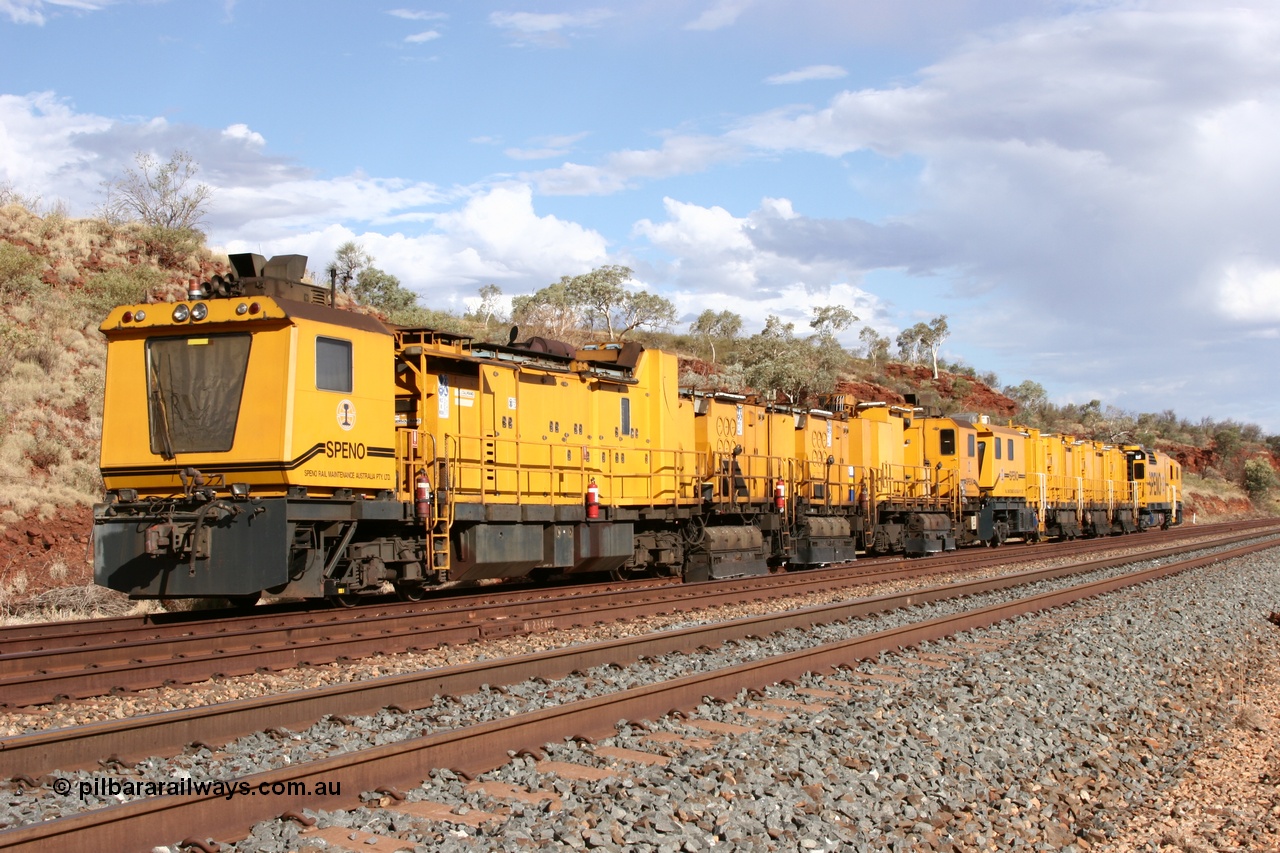 050421 1610
Hesta Siding backtrack, Speno Australia's two 24 stone rail grinders coupled together before they had id stickers fitted, the front unit was later stickered as RG 2, the rear unit was stickered as RG 1 and is serial M20. 21st April 2005.
Keywords: Speno;RR24;track-machine;