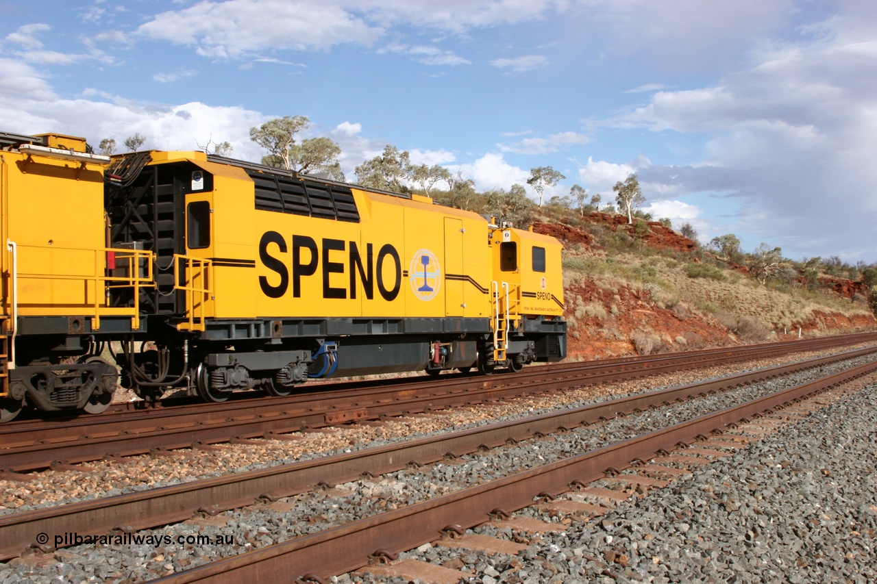 050421 1617
Hesta Siding backtrack, Speno Australia's RR24 model 24 stone rail grinder serial M20 before they had id stickers fitted, this unit was later stickered as RG 1, rear view of the generator and driving module. 21st April 2005.
Keywords: Speno;RR24;M20;track-machine;