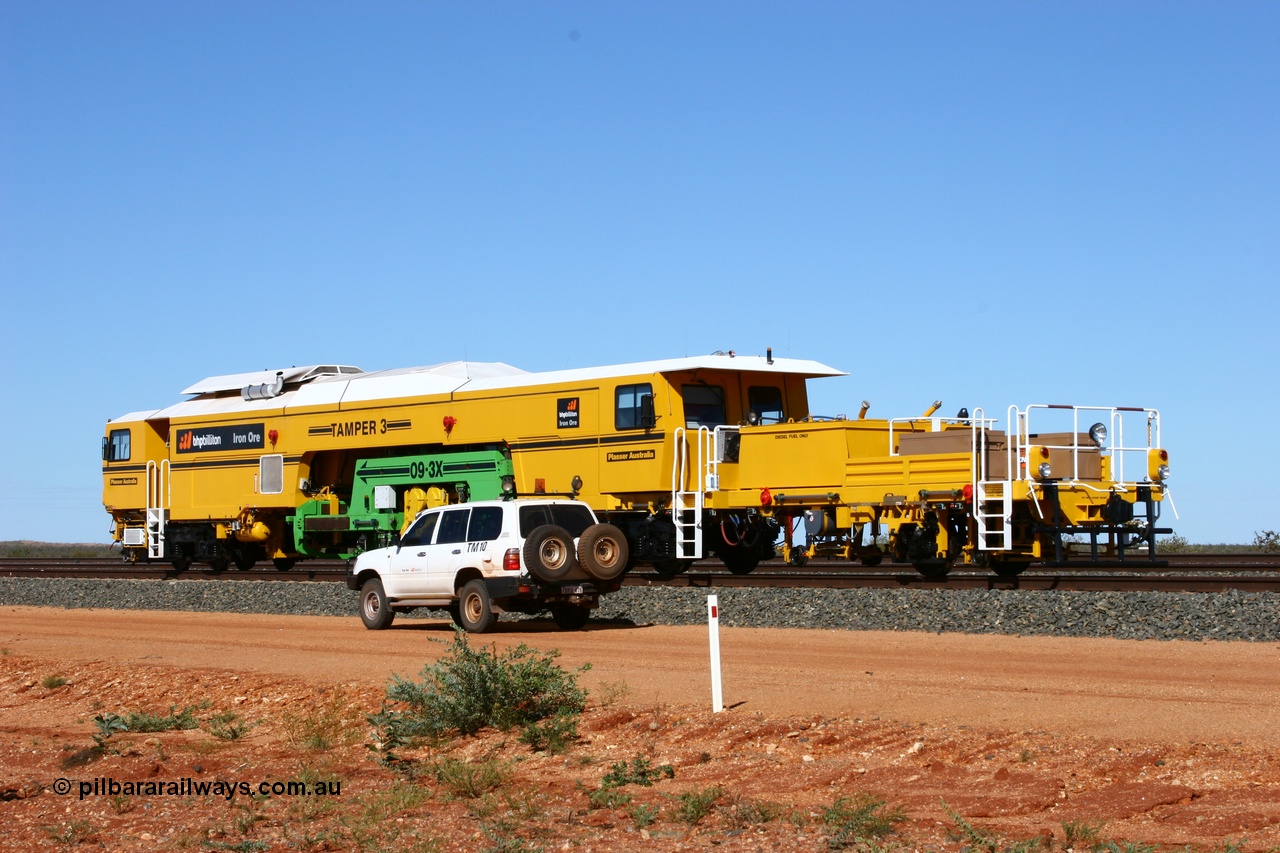 050625 3600
Mooka North, BHP's new Tamper 3 track machine a Plasser Australia 09-3X model serial M480 with support road vehicle TM 10. 25th June 2005.
Keywords: Tamper3;Plasser-Australia;09-3X;M480;track-machine;