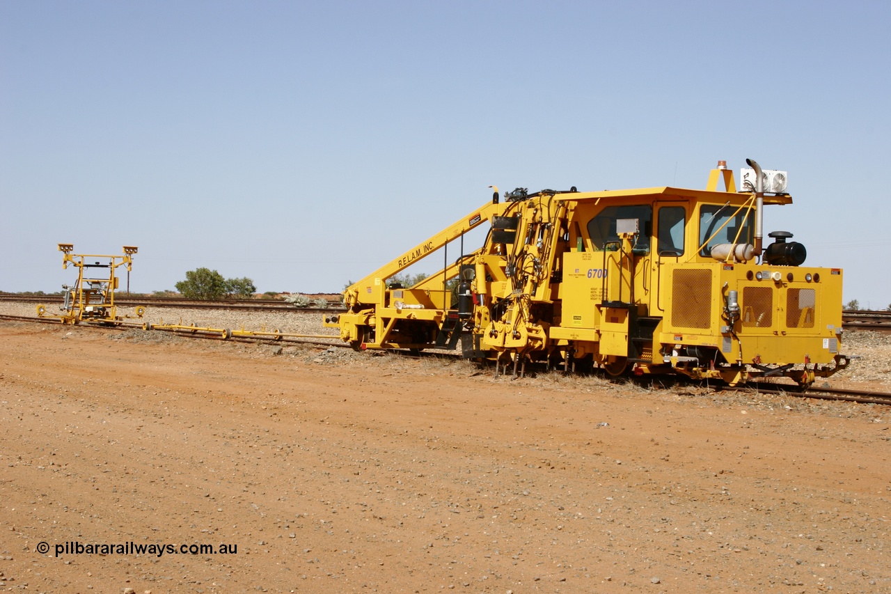 051001 5670
Flash Butt yard, Jackson model 6700 tamper serial 153246 lettered for Railway Equipment Leasing And Maintenance RELAM Inc undergoing delivery checks. 1st October 2005.
Keywords: Jackson;6700;153246;track-machine;