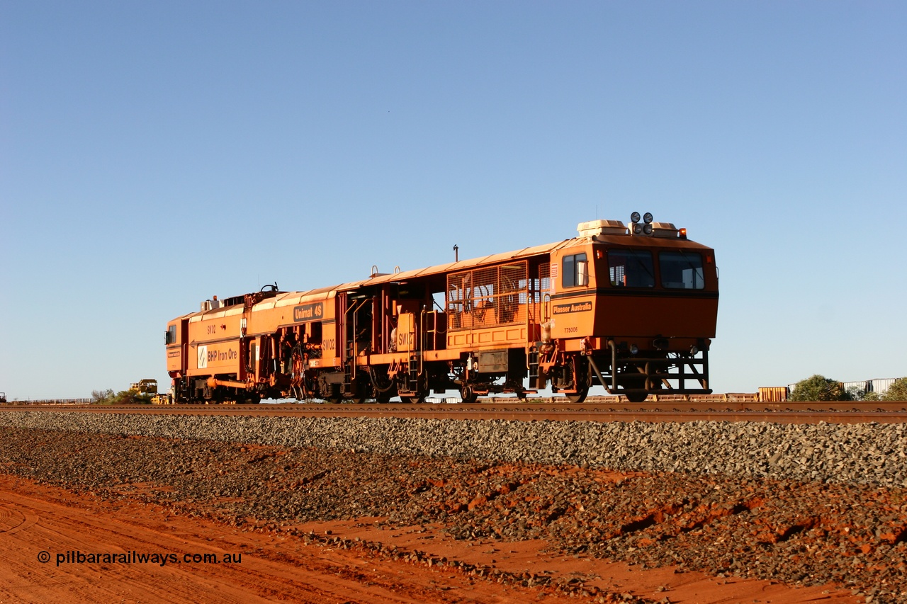 060429 3772
Bing Siding, switch tamper SW 02 hurries into Nelson Point, a Plasser Australia Unimat S4 model. 29th April 2006.
Keywords: SW02;Plasser-Australia;Unimat-4S;track-machine;