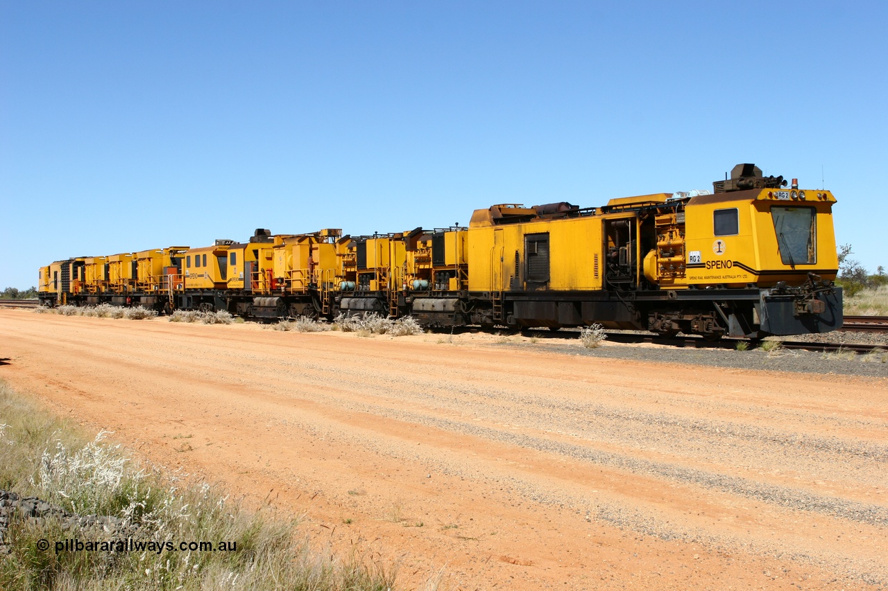 060501 3905
Abydos Siding backtrack, Speno rail grinders RG 2 coupled to RG 1. 1st May 2006.
Keywords: RG2;Speno;RR24;track-machine;