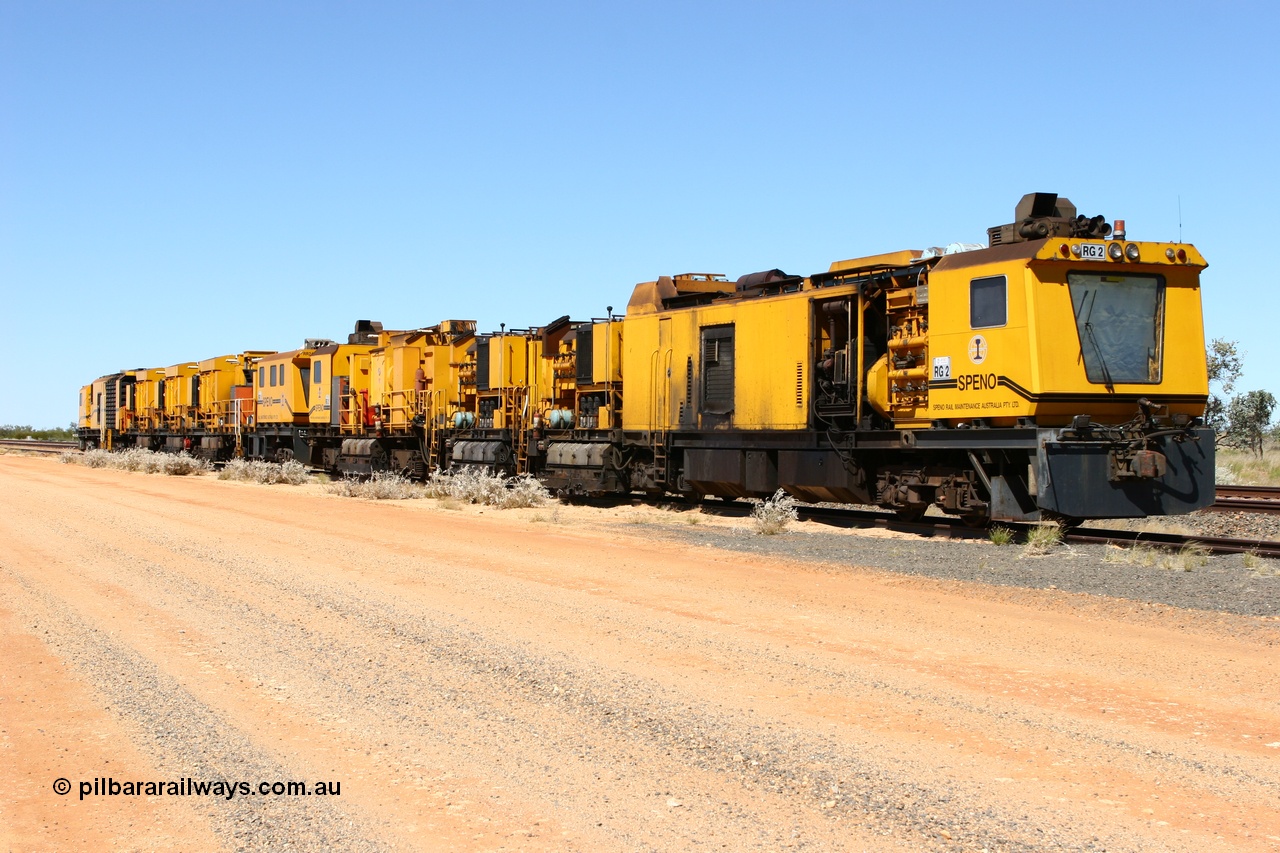 060501 3906
Abydos Siding backtrack, Speno rail grinders RG 2 coupled to RG 1. 1st May 2006.
Keywords: RG2;Speno;RR24;track-machine;