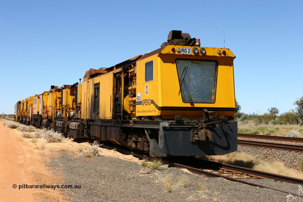 060501 3908
Abydos Siding backtrack, Speno rail grinders RG 2 coupled to RG 1. 1st May 2006.
Keywords: RG2;Speno;RR24;track-machine;