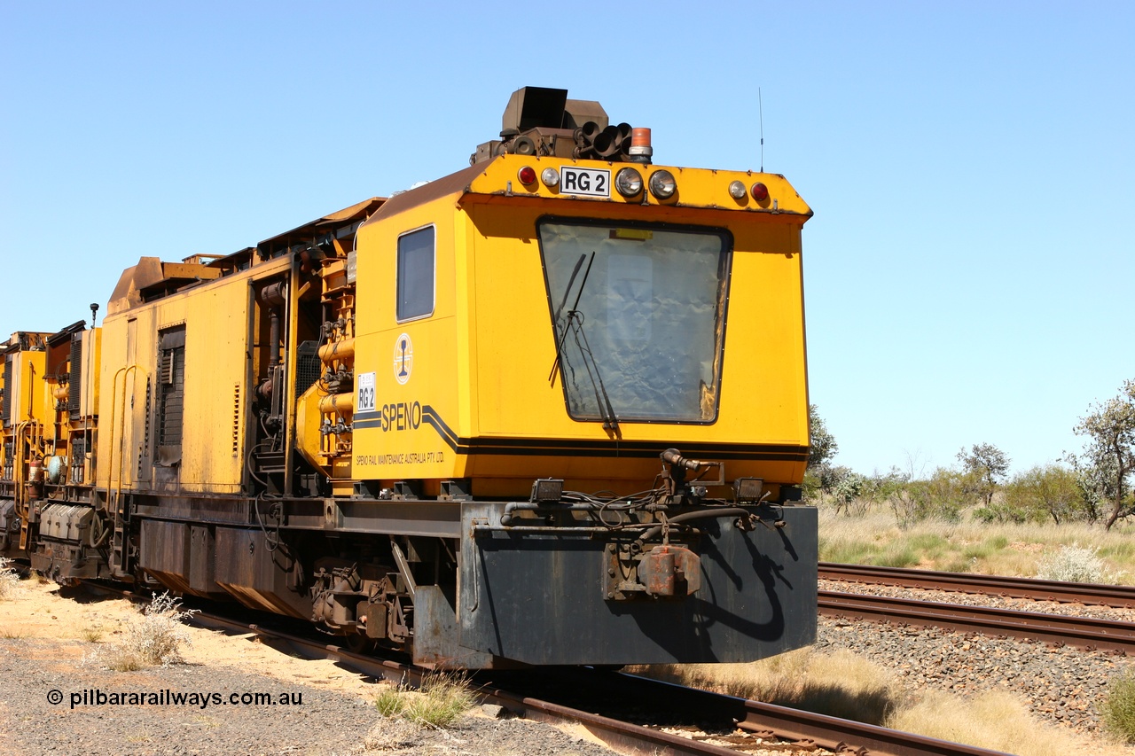 060501 3909
Abydos Siding backtrack, Speno rail grinder RG 2, possibly an RR24 model grinder with 24 grinding wheels view of generator module driving cab. 1st May 2006.
Keywords: RG2;Speno;RR24;track-machine;