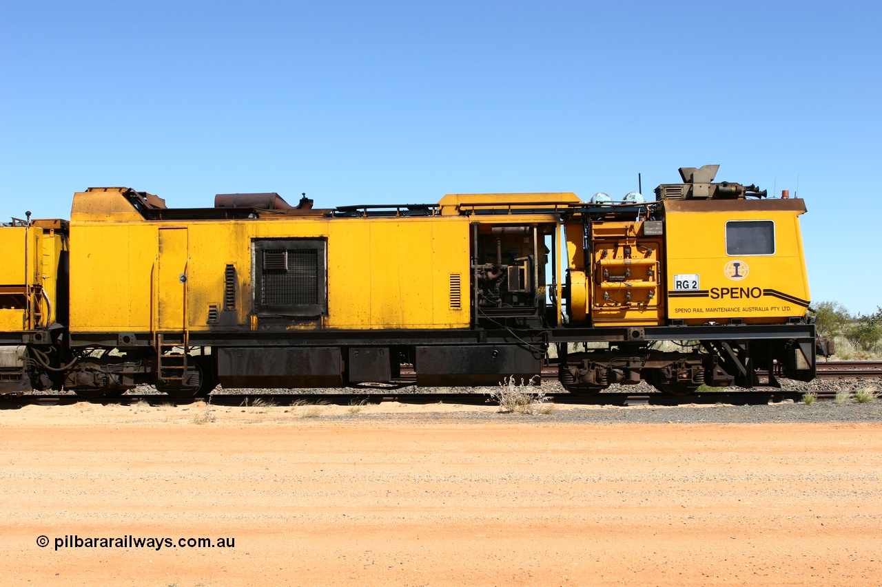 060501 3910
Abydos Siding backtrack, Speno rail grinder RG 2, possibly an RR24 model grinder with 24 grinding wheels view of generator module driving cab. 1st May 2006.
Keywords: RG2;Speno;RR24;track-machine;