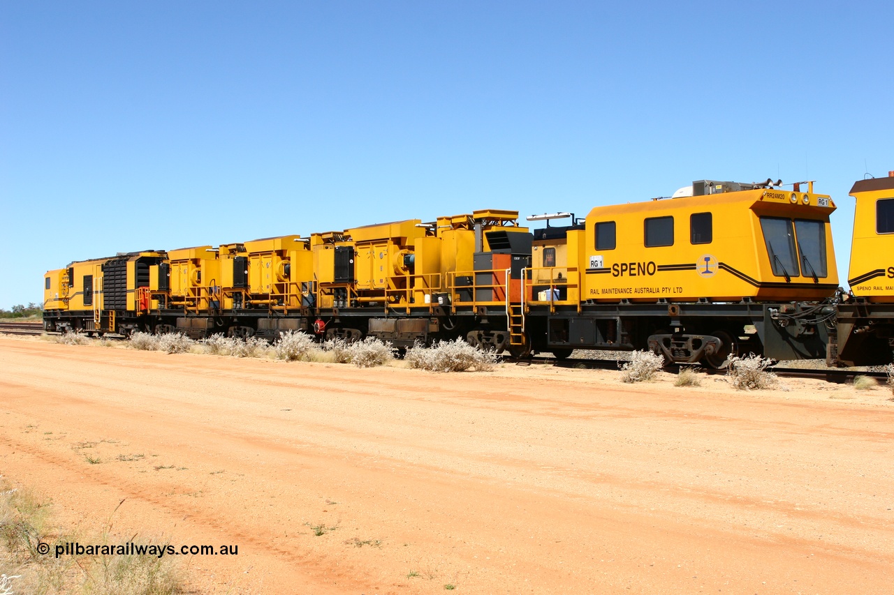 060501 3916
Abydos Siding backtrack, Speno rail grinder RG 1, a RR24 model grinder with 24 grinding wheels, serial M20. 1st May 2006.
Keywords: RG1;Speno;RR24;M20;track-machine;