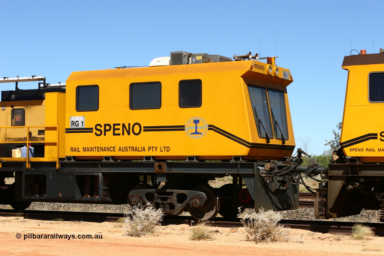 060501 3917
Abydos Siding backtrack, Speno rail grinder RG 1, a RR24 model grinder with 24 grinding wheels, serial M20. 1st May 2006.
Keywords: RG1;Speno;RR24;M20;track-machine;