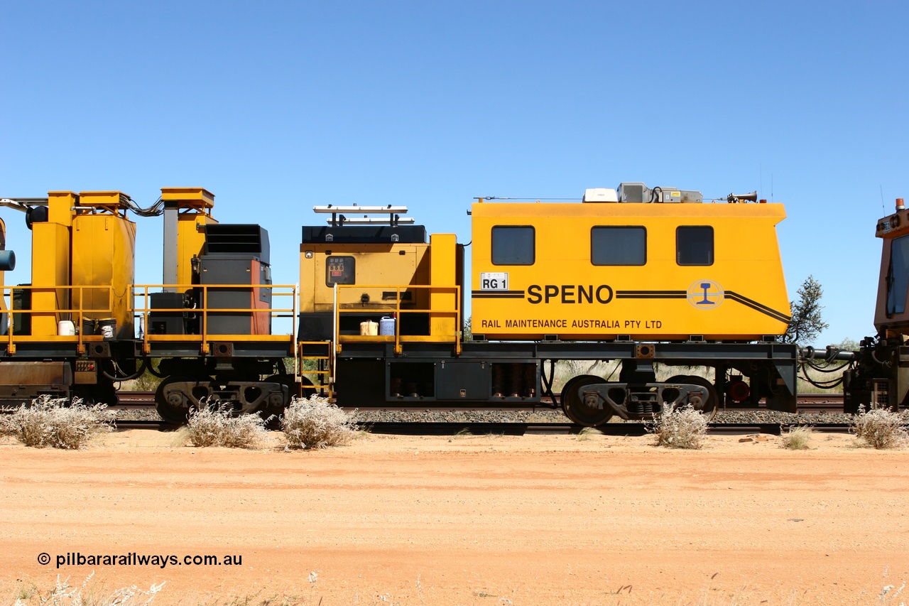 060501 3919
Abydos Siding backtrack, Speno rail grinder RG 1, a RR24 model grinder with 24 grinding wheels, serial M20. 1st May 2006.
Keywords: RG1;Speno;RR24;M20;track-machine;