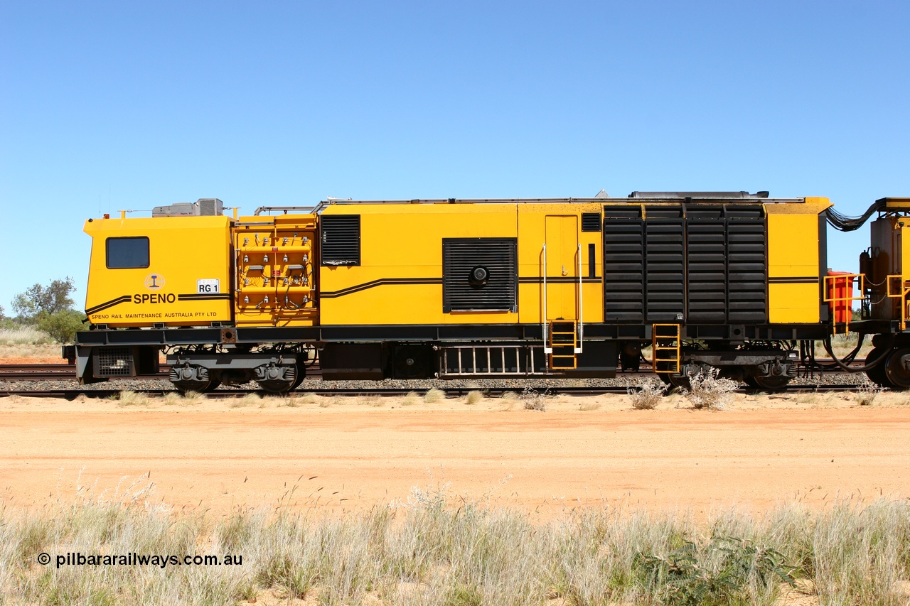 060501 3924
Abydos Siding backtrack, Speno rail grinder RG 1, a RR24 model grinder with 24 grinding wheels, serial M20, generating set and second driving cab module. 1st May 2006.
Keywords: RG1;Speno;RR24;M20;track-machine;