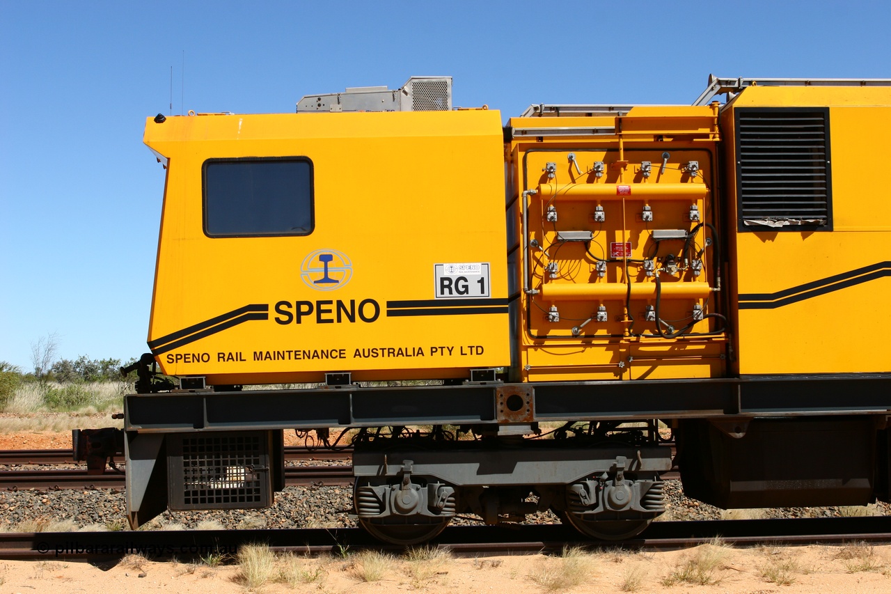 060501 3925
Abydos Siding backtrack, Speno rail grinder RG 1, a RR24 model grinder with 24 grinding wheels, serial M20, generating set and second driving cab module, cab side view. 1st May 2006.
Keywords: RG1;Speno;RR24;M20;track-machine;