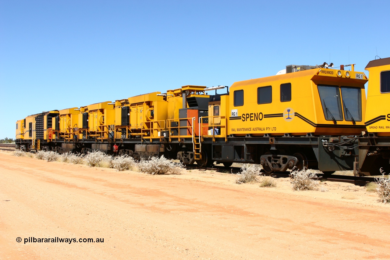 060501 3927
Abydos Siding backtrack, Speno rail grinder RG 1, a RR24 model grinder, serial M20 bar coupled to RG 2. 1st May 2006.
Keywords: RG1;Speno;RR24;M20;track-machine;