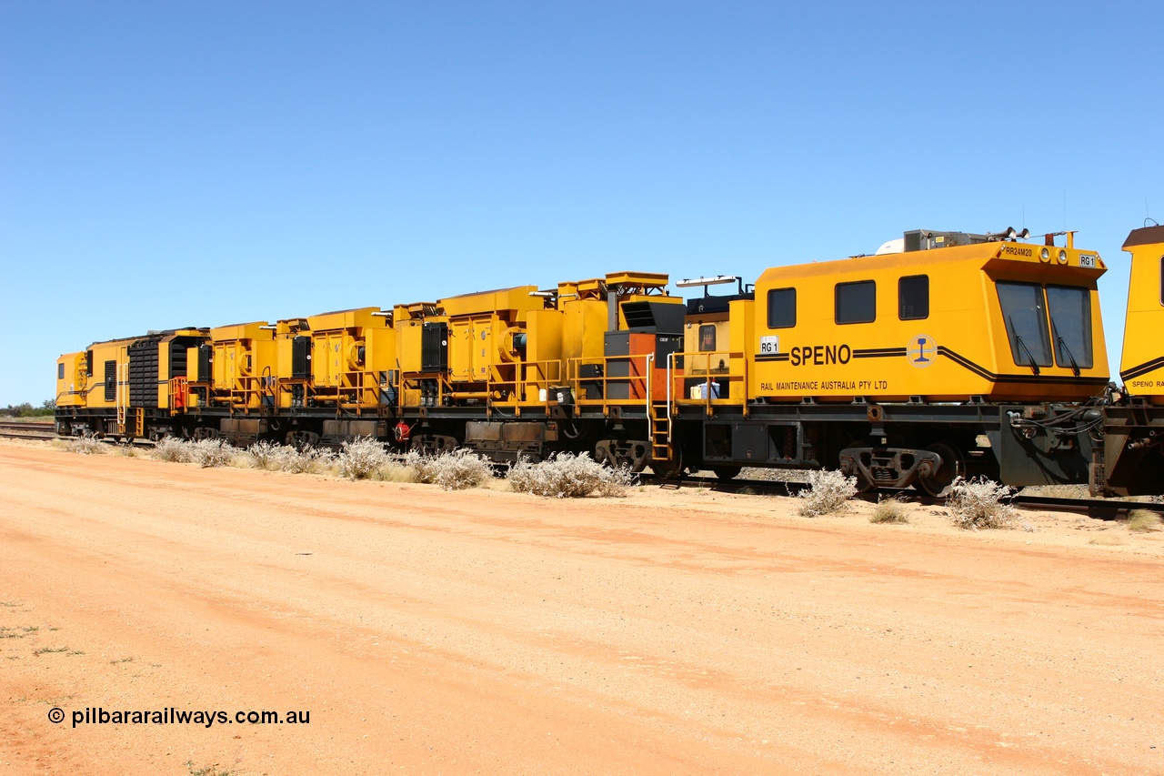 060501 3928
Abydos Siding backtrack, Speno rail grinder RG 1, a RR24 model grinder, serial M20 bar coupled to RG 2. 1st May 2006.
Keywords: RG1;Speno;RR24;M20;track-machine;