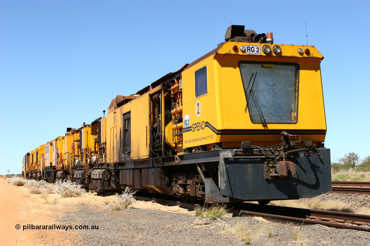 060501 3930
Abydos Siding backtrack, Speno rail grinder RG 2 coupled to RG 1. 1st May 2006.
Keywords: RG2;Speno;RR24;track-machine;