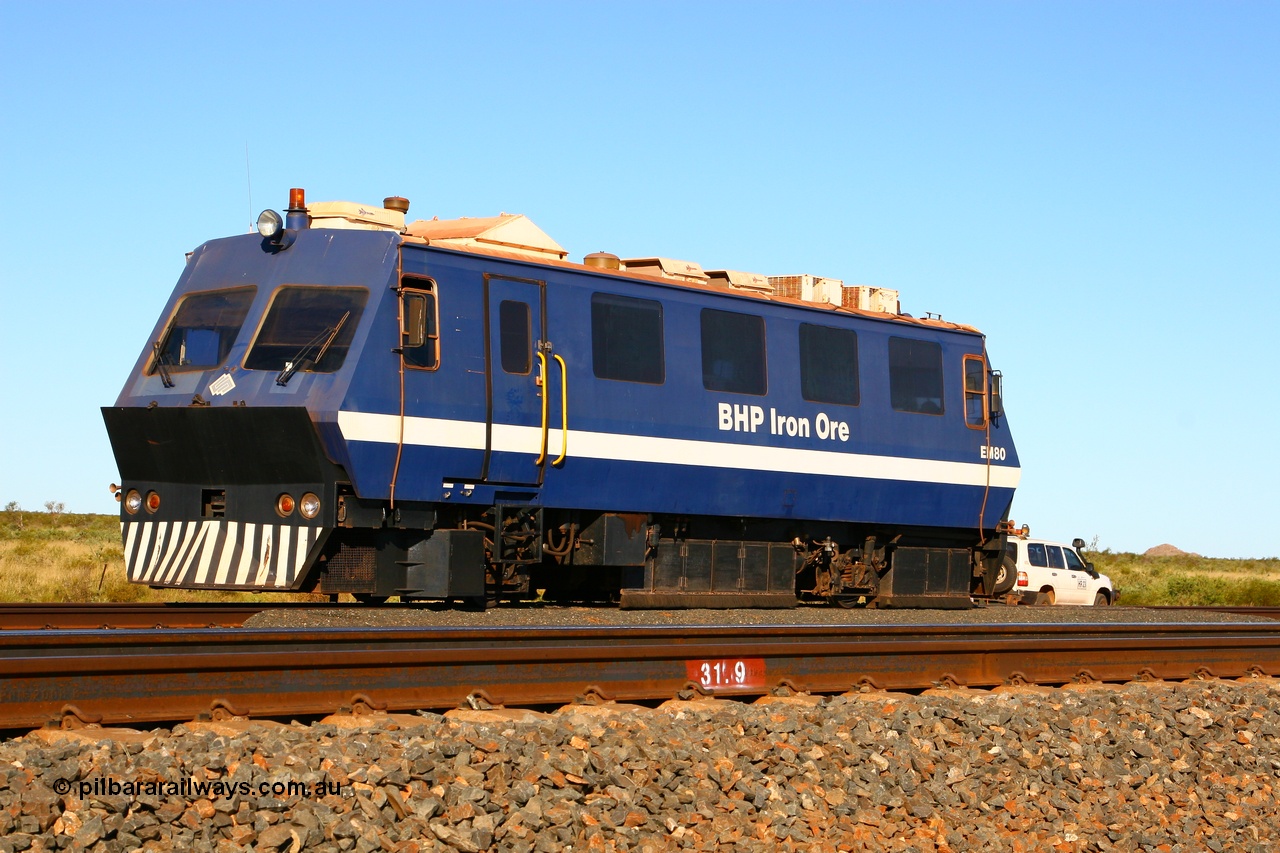 070622 0223
Mooka in the back track siding, BHP Iron Ore's track recording vehicle, EM80 which is a Plasser & Theurer EM-80 model and still wearing the old BHP blue and white livery, this unit was delivered in Mt Newman Mining orange and white.
Keywords: EM80;Plasser-&-Theurer;track-machine;