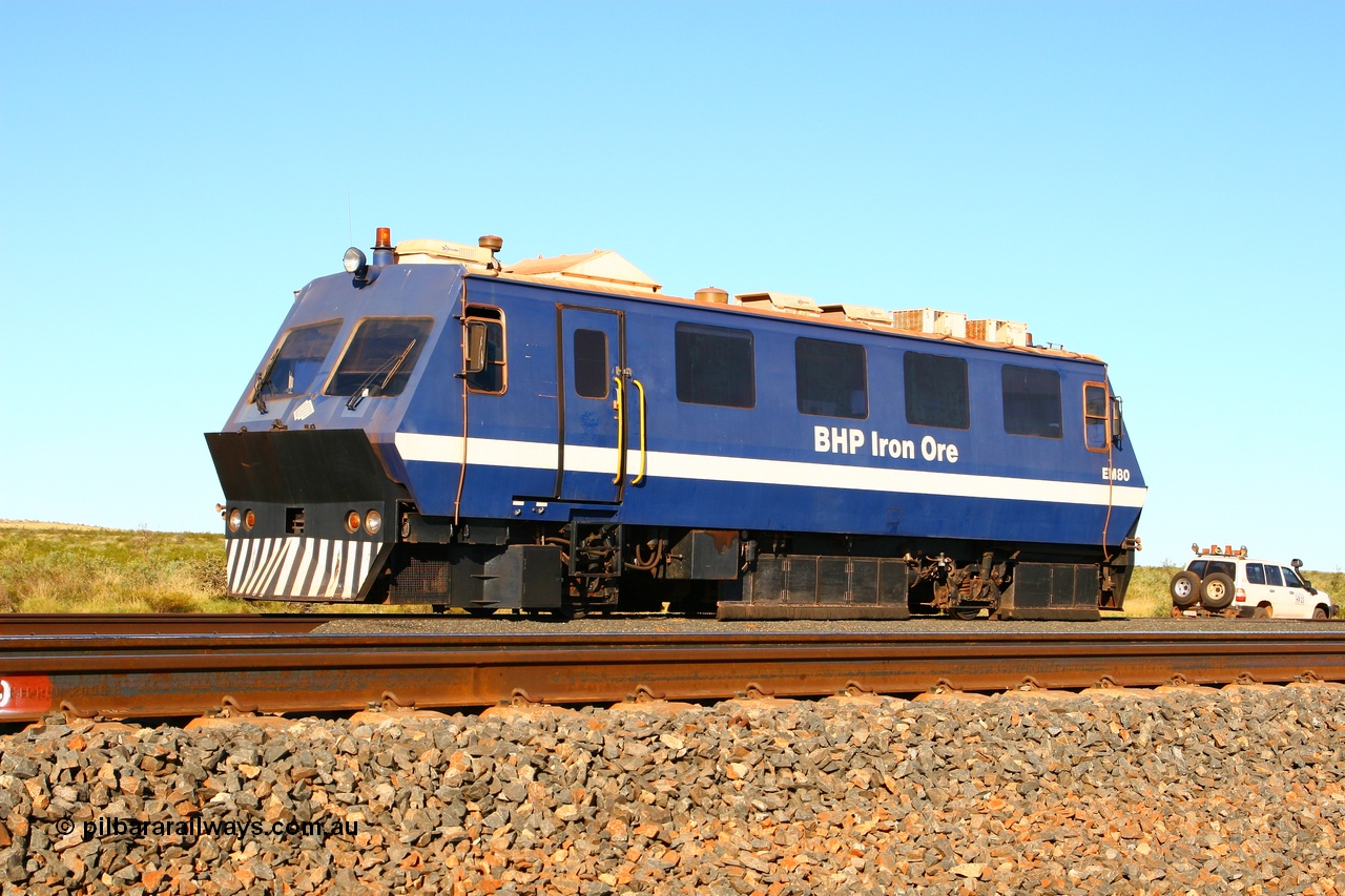 070622 0224
Mooka in the back track siding, BHP Iron Ore's track recording vehicle, EM80 which is a Plasser & Theurer EM-80 model and still wearing the old BHP blue and white livery, this unit was delivered in Mt Newman Mining orange and white.
Keywords: EM80;Plasser-&-Theurer;track-machine;