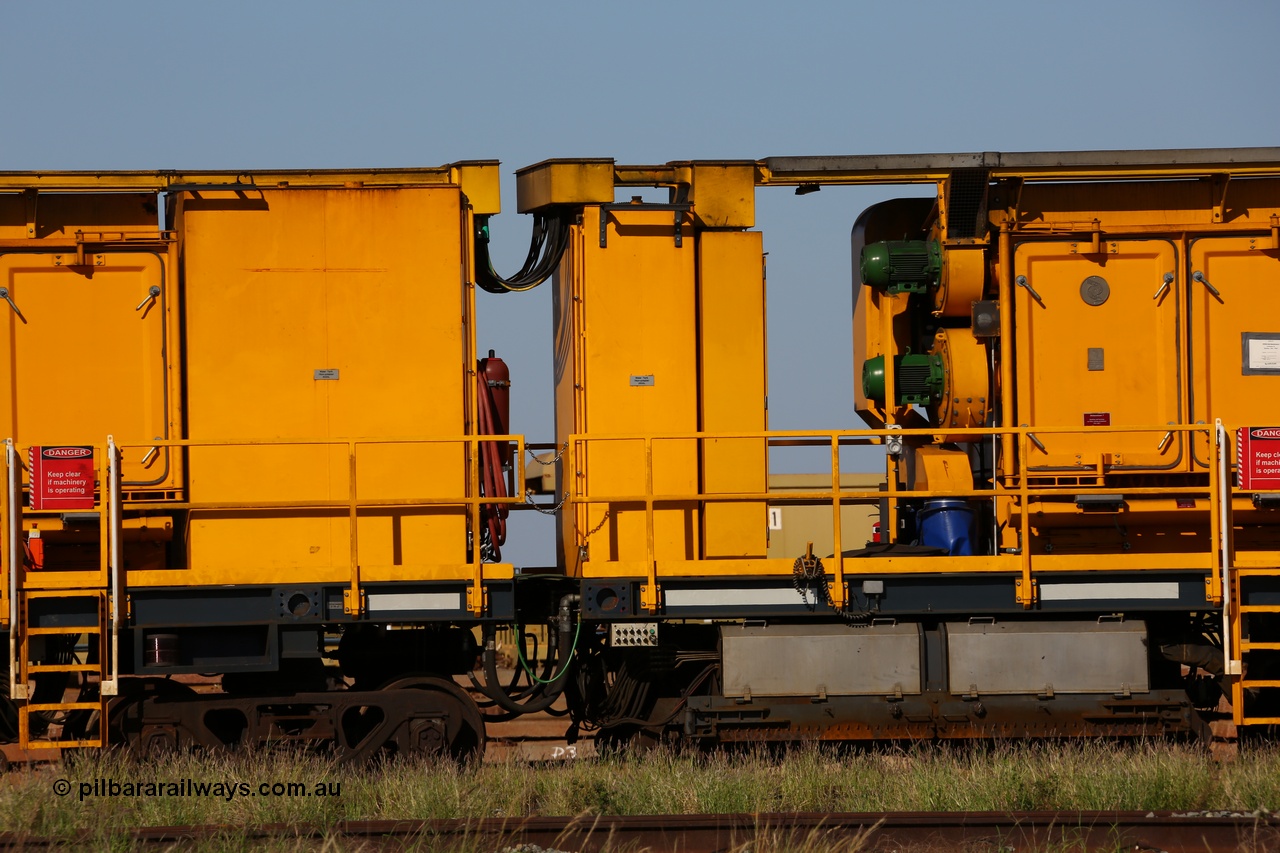 150619 9097
Flash Butt yard, Speno owned and operated rail grinder RG2 for BHP, rail grinding module, from the left filter housing, 5000 litre water tank, 2500 litre water tank, electrical cabinet, blower fans and filter housing, grinding hoods beside bogie.
Keywords: RG2;Speno;track-machine;