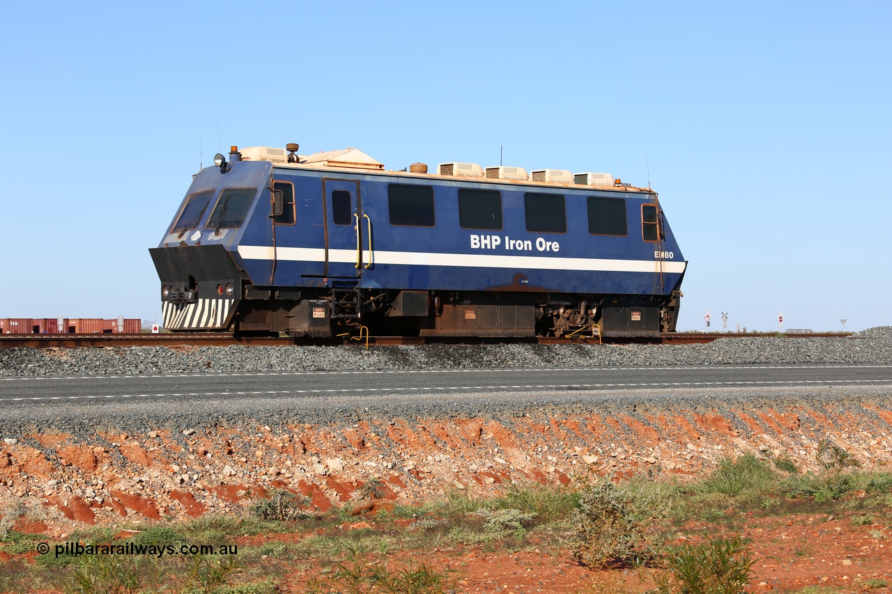 150619 9144
Mooka, BHP Iron Ore's track recording vehicle, EM80 which is a Plasser & Theurer EM-80 model and still wearing the old BHP blue and white livery, this unit was delivered in Mt Newman Mining orange and white, Mermec fitted a Tecnogamma system as part of a refurbishment.
Keywords: EM80;Plasser-&-Theurer;track-machine;