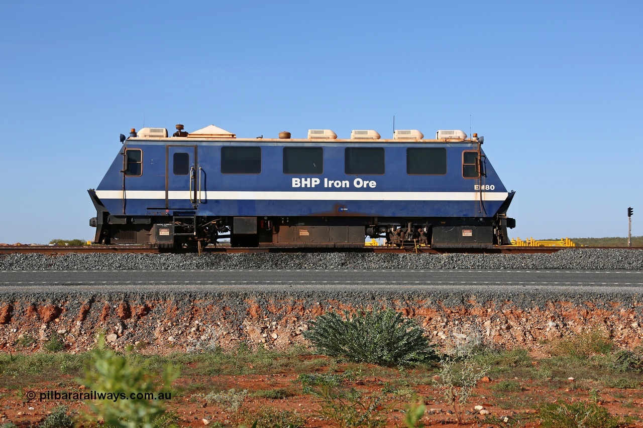 150619 9145
Mooka, BHP Iron Ore's track recording vehicle, EM80 which is a Plasser & Theurer EM-80 model and still wearing the old BHP blue and white livery, this unit was delivered in Mt Newman Mining orange and white, Mermec fitted a Tecnogamma system as part of a refurbishment.
Keywords: EM80;Plasser-&-Theurer;track-machine;