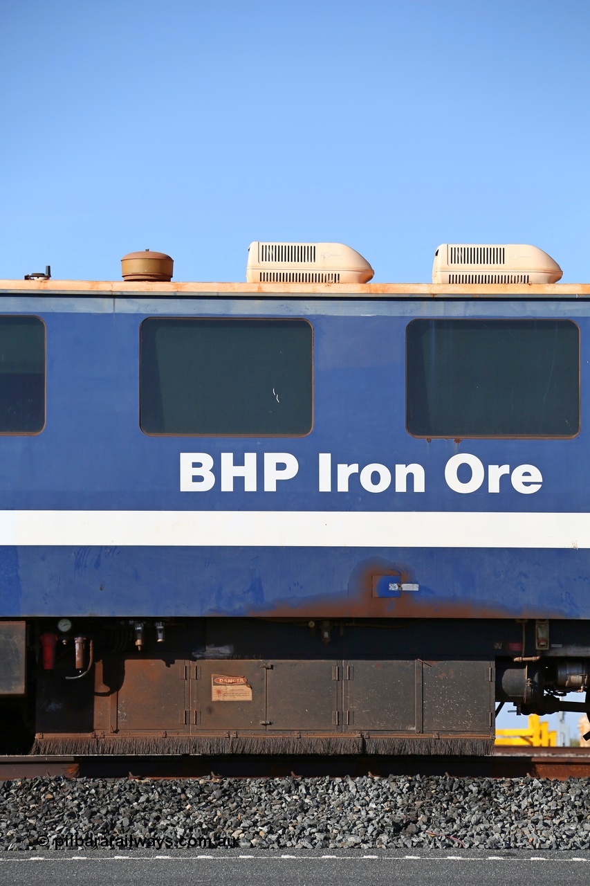 150619 9148
Mooka, side section 3 of 5, BHP Iron Ore's track recording vehicle, EM80 which is a Plasser & Theurer EM-80 model and still wearing the old BHP blue and white livery, this unit was delivered in Mt Newman Mining orange and white, Mermec fitted a Tecnogamma system as part of a refurbishment.
Keywords: EM80;Plasser-&-Theurer;track-machine;