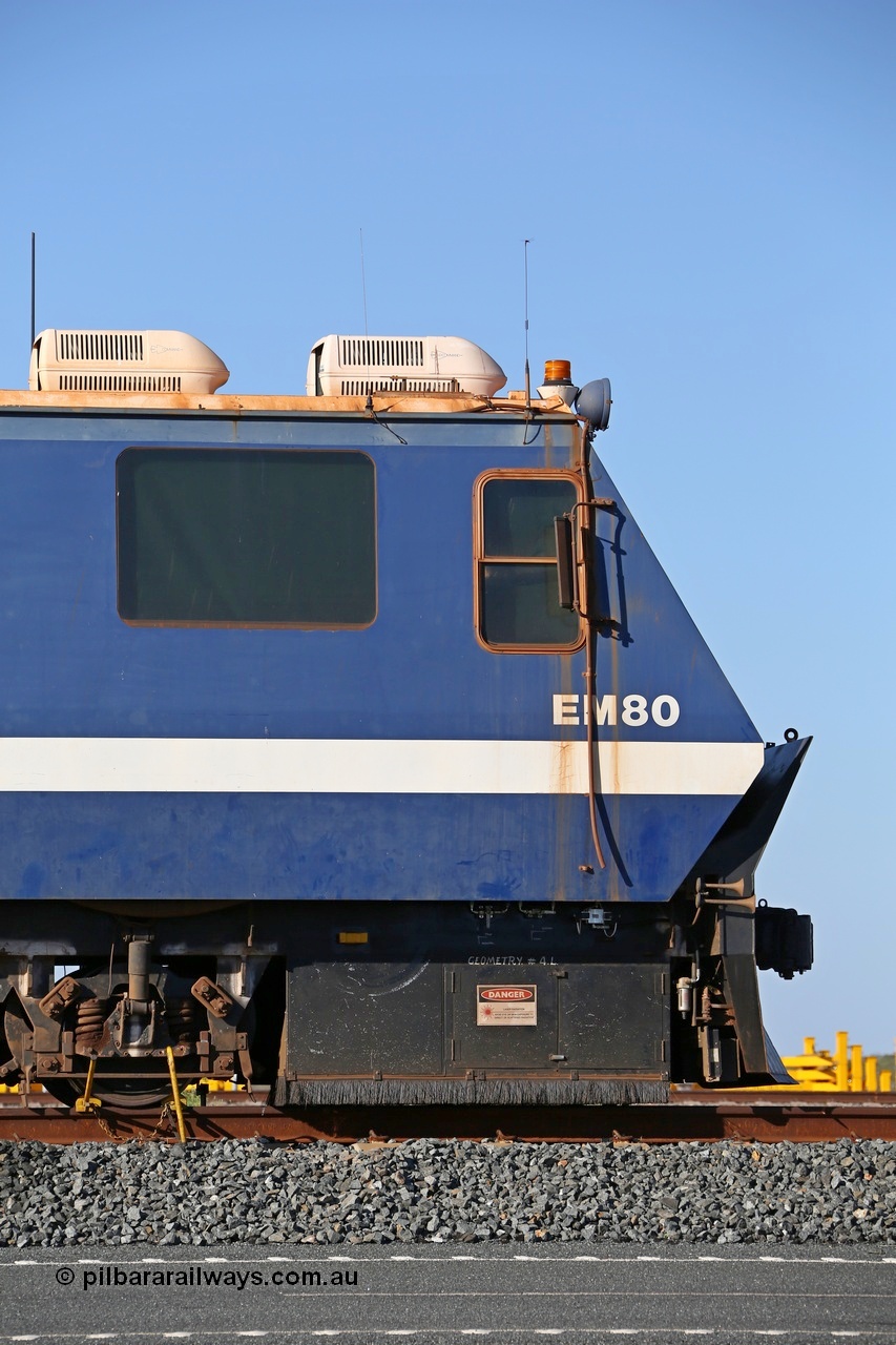 150619 9150
Mooka, side section 5 of 5, BHP Iron Ore's track recording vehicle, EM80 which is a Plasser & Theurer EM-80 model and still wearing the old BHP blue and white livery, this unit was delivered in Mt Newman Mining orange and white, Mermec fitted a Tecnogamma system as part of a refurbishment.
Keywords: EM80;Plasser-&-Theurer;track-machine;