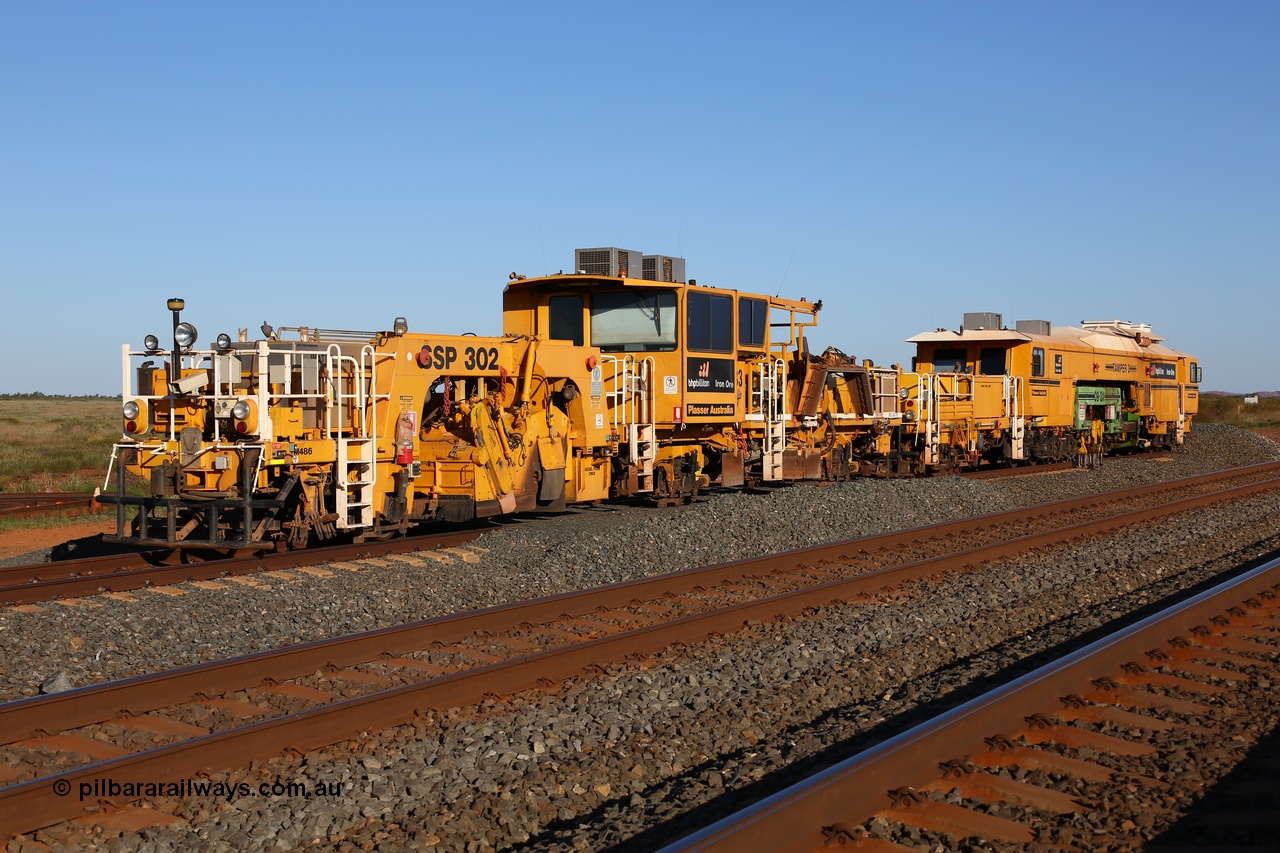 150619 9157
Walla back track, BHP track machines BR 33 and Tamper 3 both Plasser Australia units, BR33 is a ballast regulator model SSP302 serial M486 while Tamper 3 is a model 09-3X serial M480. 19th June 2015.
Keywords: BR33;Plasser-Australia;SSP-302;M486;09-3X;M480;track-machine;