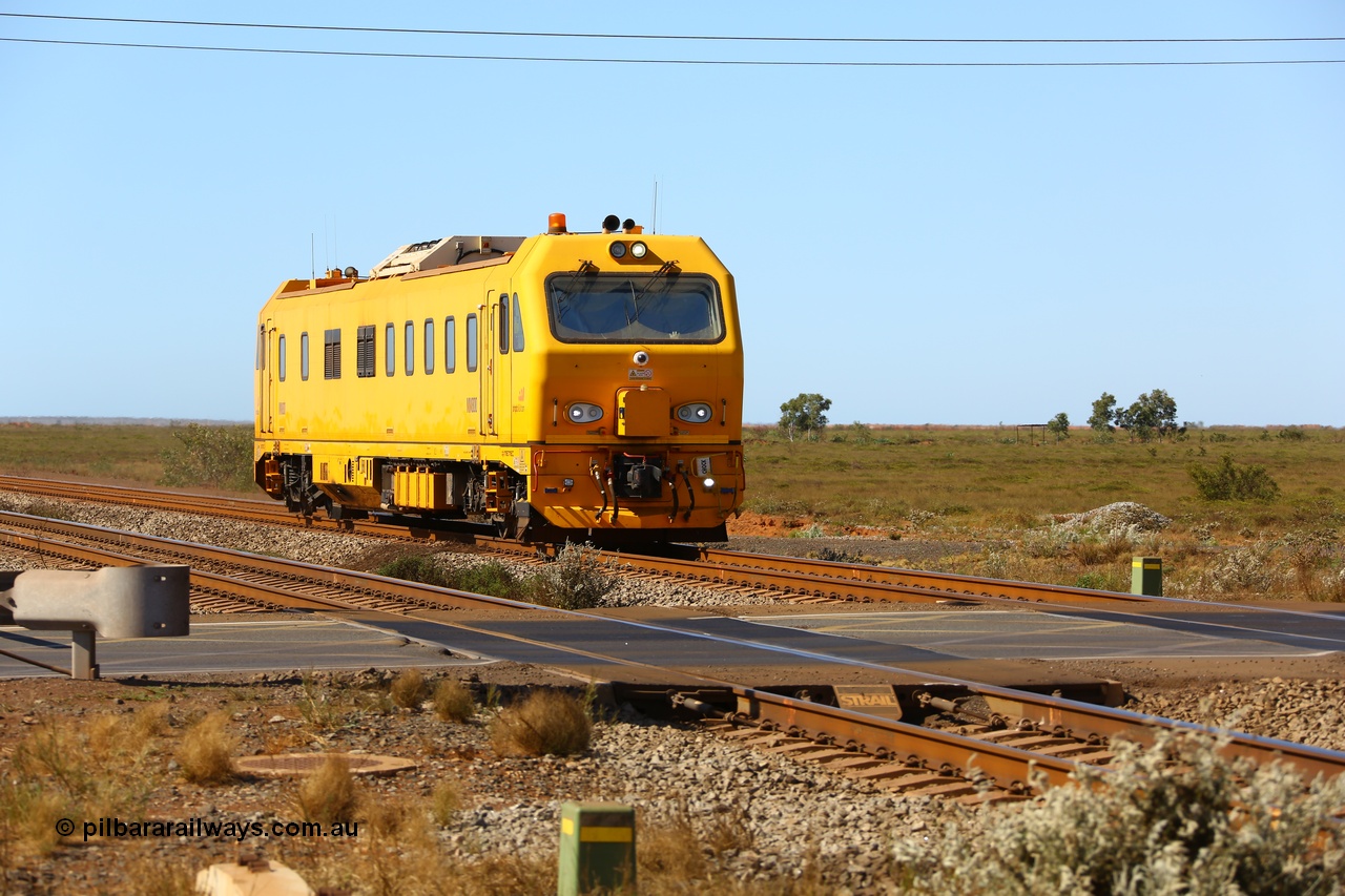 190911 4749
Port Hedland, Broome Rd crossing, BHP's MM 800 track recording vehicle powers south on a recording run, the MM 800 was built by Mermec in Italy and is a ROGER 800 model, ROGER is an acronym for Rilievo Ottico Geometria Rotaia, Italian for optical rail geometry control.
Keywords: MM800;Mermec-Italy;ROGER-800;track-machine;
