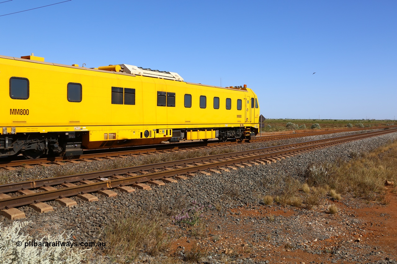 190911 4754
Port Hedland, Broome Rd crossing, BHP's MM 800 track recording vehicle powers south on a recording run, the MM 800 was built by Mermec in Italy and is a ROGER 800 model, ROGER is an acronym for Rilievo Ottico Geometria Rotaia, Italian for optical rail geometry control.
Keywords: MM800;Mermec-Italy;ROGER-800;track-machine;