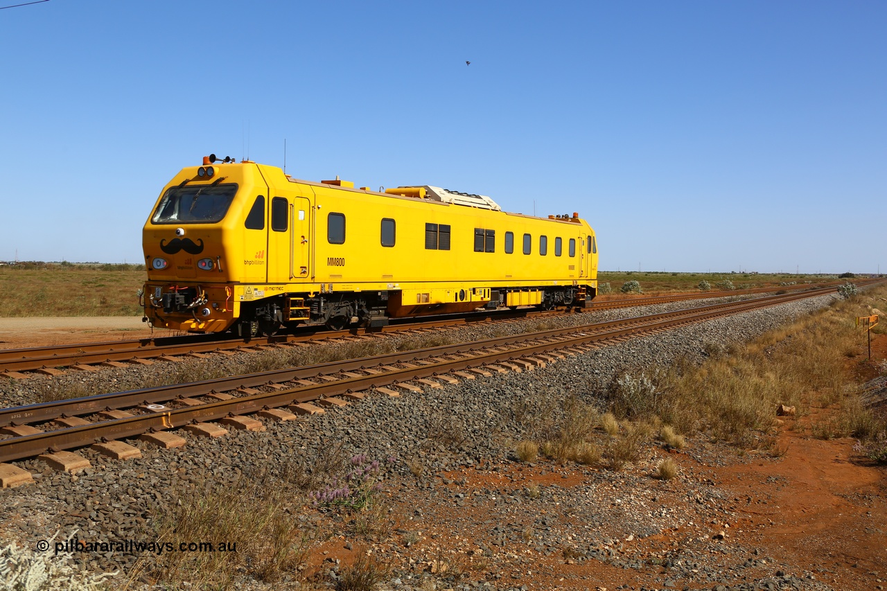 190911 4755
Port Hedland, Broome Rd crossing, BHP's MM 800 track recording vehicle powers south on a recording run, still wearing it's Movember 'mo' as part of a men's health campaign, the MM 800 was built by Mermec in Italy and is a ROGER 800 model, ROGER is an acronym for Rilievo Ottico Geometria Rotaia, Italian for optical rail geometry control.
Keywords: MM800;Mermec-Italy;ROGER-800;track-machine;