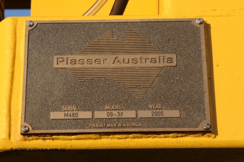 050409 0390
Shell Swagman Roadhouse, Builders plate of BHP's new mainline tamper a Plasser Australia 09-3X model with serial M480. 9th April 2005.
Keywords: Tamper3;Plasser-Australia;09-3X;M480;track-machine;