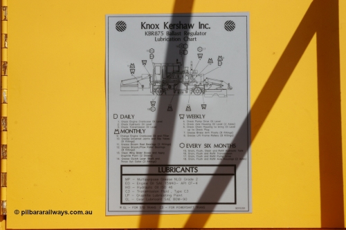 051001 5680
Flash Butt yard, lube chart of a newly delivered Knox Kershaw KBR 875 ballast regulator serial 015-875-05. October 1, 2005.
Keywords: Knox-Kershaw;KBR-875;track-machine;