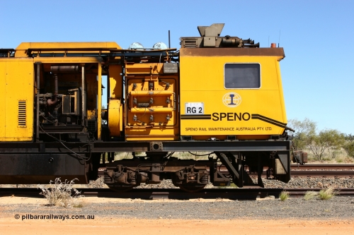 060501 3904
Abydos Siding backtrack, Speno rail grinder RG 2, possibly an RR24 model grinder with 24 grinding wheels view of generator module driving cab. May 1, 2006.
Keywords: RG2;Speno;RR24;track-machine;
