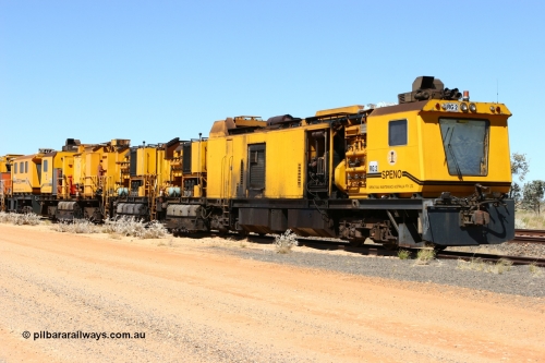 060501 3907
Abydos Siding backtrack, Speno rail grinder RG 2, possibly an RR24 model grinder with 24 grinding wheels view of generator module with driving cab then the three grinding modules. May 1, 2006.
Keywords: RG2;Speno;RR24;track-machine;