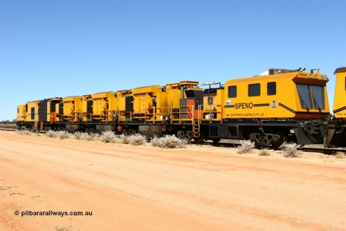 060501 3928
Abydos Siding backtrack, Speno rail grinder RG 1, a RR24 model grinder, serial M20 bar coupled to RG 2. May 1, 2006.
Keywords: RG1;Speno;RR24;M20;track-machine;