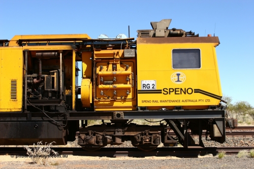 060501 3929
Abydos Siding backtrack, Speno rail grinder RG 2, possibly an RR24 model grinder with 24 grinding wheels view of generator module driving cab. May 1, 2006.
Keywords: RG2;Speno;RR24;track-machine;