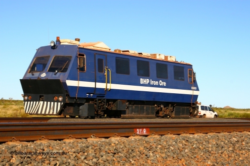 070622 0223
Mooka in the back track siding, BHP Iron Ore's track recording vehicle, EM80 which is a Plasser & Theurer EM-80 model and still wearing the old BHP blue and white livery, this unit was delivered in Mt Newman Mining orange and white.
Keywords: EM80;Plasser-&-Theurer;track-machine;