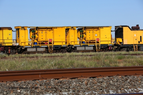 150619 9089
Flash Butt yard, Speno owned and operated rail grinder RG2 for BHP, rail grinding module, from the left, water tank, electrical cabinet, blower fans and filter housing, water tank, water tank, electrical cabinet, blower fans and filter housing, fuel tank.
Keywords: RG2;Speno;track-machine;