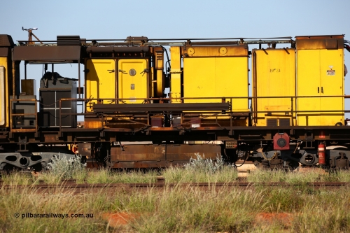 150619 9093
Flash Butt yard, Speno owned and operated rail grinder RG2 for BHP, grinding and driving cab unit. Filter and blower housings, water tank, electrical cabinet, grinding hood between bogies.
Keywords: RG2;Speno;track-machine;