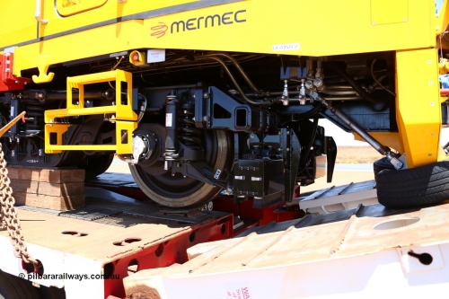 151206 9661
Boodarie, on a Gavin Transport Drake float, BHP's new track recording vehicle which is a Mermec ROGER 800 imported from Italy. Underbody detail of the testing units.
Keywords: MM800;Mermec-Italy;Roger-800;track-machine;