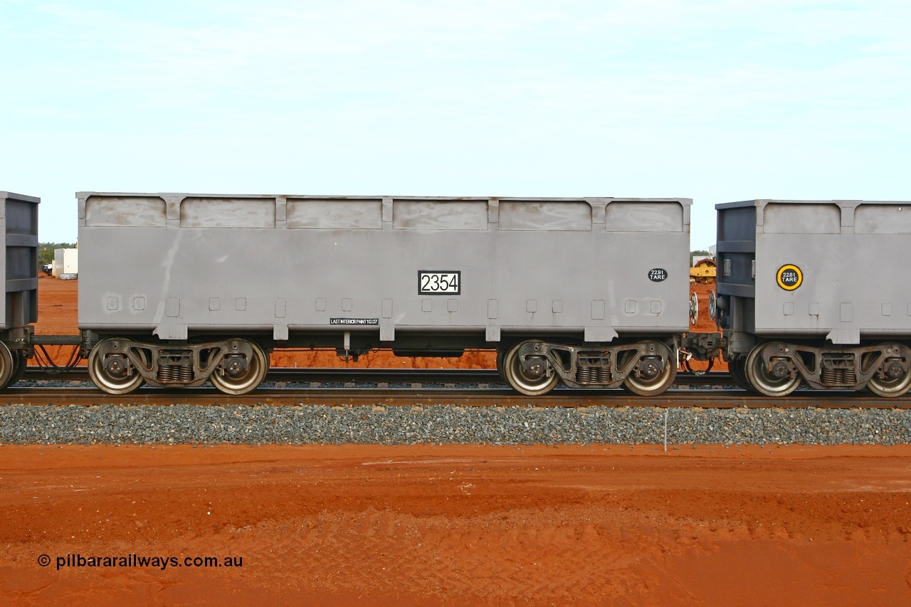 080304 2174
Thomas Yard, down the rail welding end, side view of control waggon 2354, built by China Southern or CSR at their Zhuzhou Rolling Stock Works in China in 2007. 4th March 2008.
Keywords: 2354;CSR-Zhuzhou-Rolling-Stock-Works-China;FMG-ore-waggon;