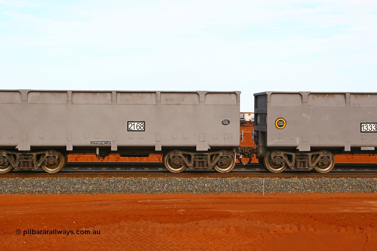 080304 2177
Thomas Yard, down the rail welding end, side view of control waggon 2168, built by China Southern or CSR at their Zhuzhou Rolling Stock Works in China in 2007. 4th March 2008.
Keywords: 2168;CSR-Zhuzhou-Rolling-Stock-Works-China;FMG-ore-waggon;