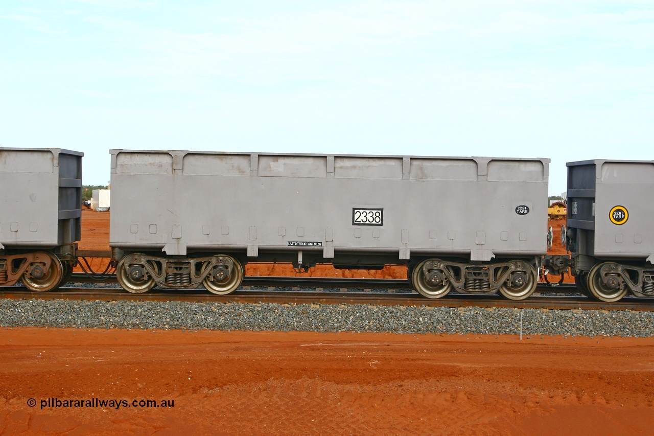 080304 2183
Thomas Yard, down the rail welding end, side view of control waggon 2338, built by China Southern or CSR at their Zhuzhou Rolling Stock Works in China in 2007. 4th March 2008.
Keywords: 2338;CSR-Zhuzhou-Rolling-Stock-Works-China;FMG-ore-waggon;