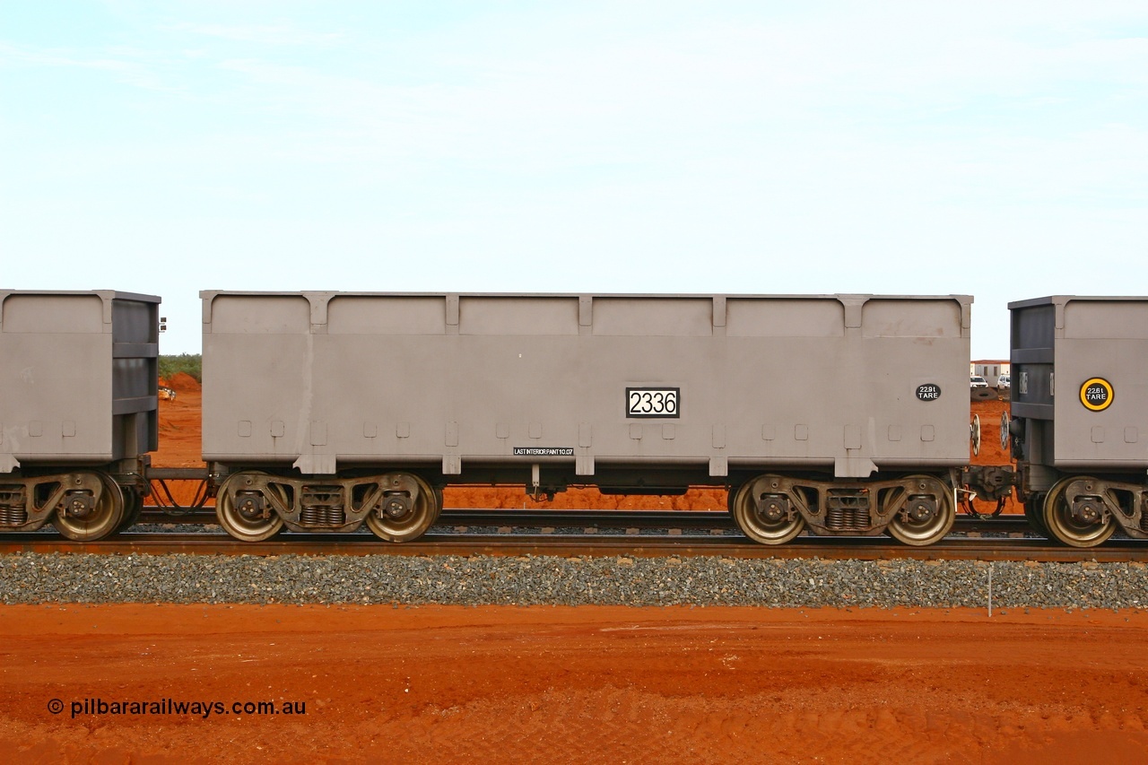 080304 2191
Thomas Yard, down the rail welding end, side view of control waggon 2336, built by China Southern or CSR at their Zhuzhou Rolling Stock Works in China in 2007. 4th March 2008.
Keywords: 2336;CSR-Zhuzhou-Rolling-Stock-Works-China;FMG-ore-waggon;