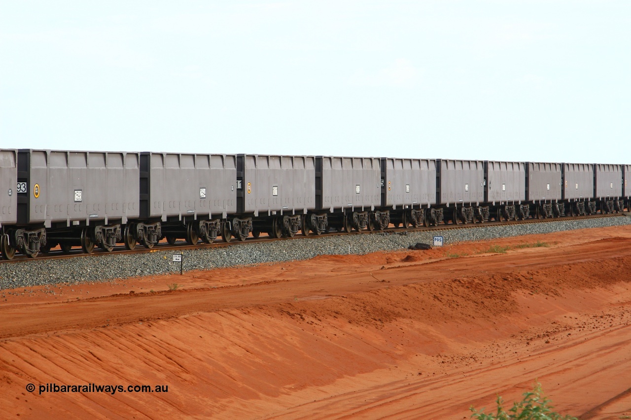 080304 2202
Thomas Yard, 21 km post looking north, long rake of waggons being run up and down the mainline to keep the wheels turning. 4th March 2008.
Keywords: FMG-ore-waggon;