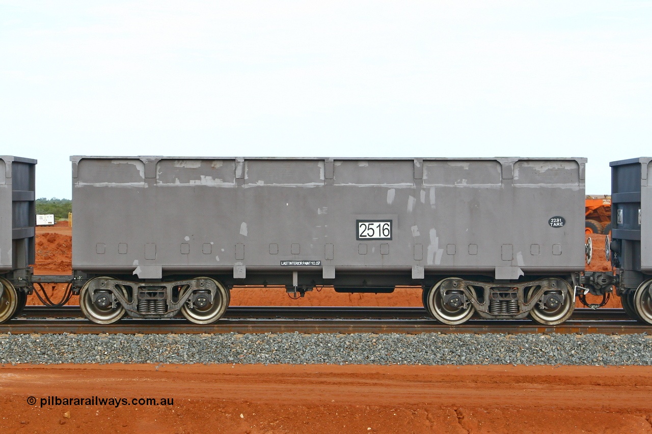 080304 2204
Thomas Yard, down the rail welding end, side view of control waggon 2516, built by China Southern or CSR at their Zhuzhou Rolling Stock Works in China in 2007. 4th March 2008.
Keywords: 2516;CSR-Zhuzhou-Rolling-Stock-Works-China;FMG-ore-waggon;