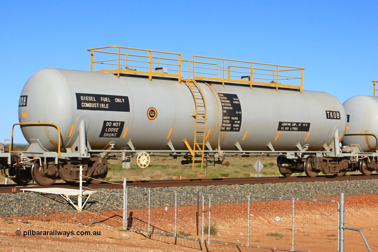 110620 2278
Chapman, FMG TK type fuel tank waggon TK 08 built by China Southern CSR at their Zhuzhou Rolling Stock Works plant in China in 2008 as part of an order for twelve tanks, is on the loaded fuel train to Cloud Break. 20th June 2011.
Keywords: TK08;TK-type;CSR-Zhuzhou-Rolling-Stock-Works-China;FMG-tank-waggon;