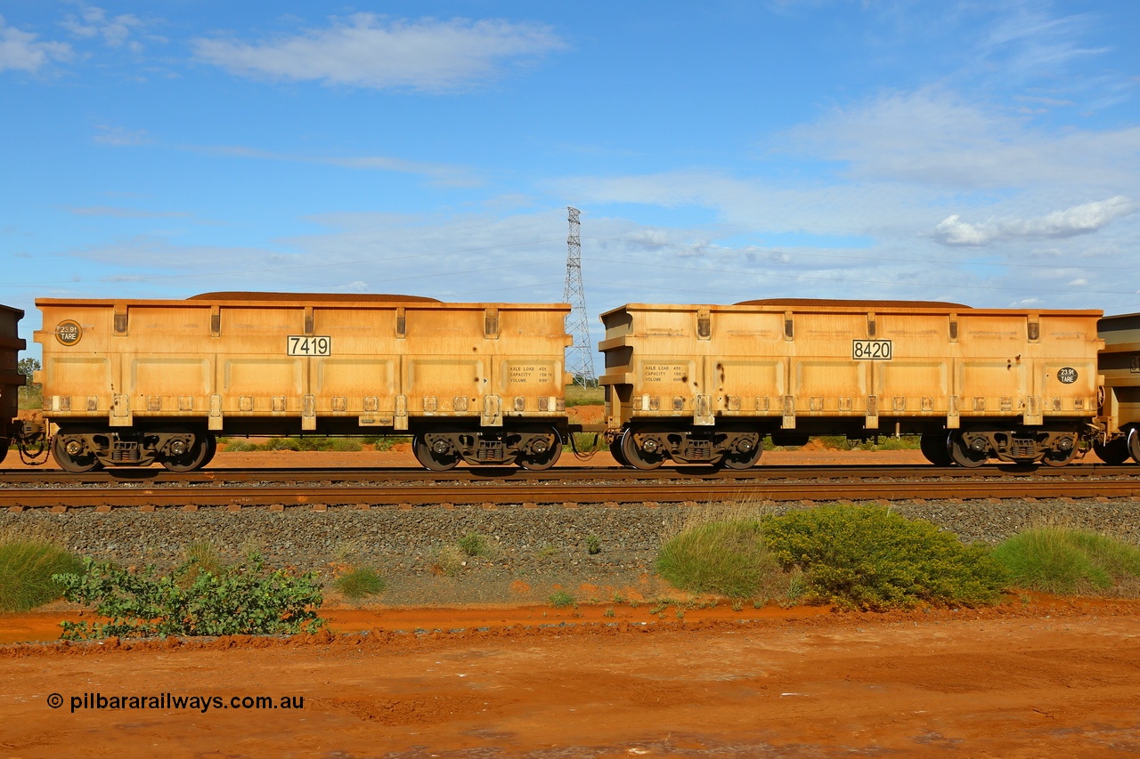 200412 5554
Boodarie, part of an FMG loaded train arriving at the port CNR (China Northern) QRRS (Qiqihar Rolling Stock Works) built waggon pair 7419 slave waggon and 8420 control waggon, with both waggons tared at 23.9 tonnes, the yellow circle on 7419 indicates the rotary coupler end. 12th April 2020.
Keywords: 7419-8420;CNR-QRRS-China;FMG-ore-waggon;